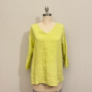 MATCH POINT Tunic Top Chartreuse Yellow Linen V-Neck Woven Minimalist